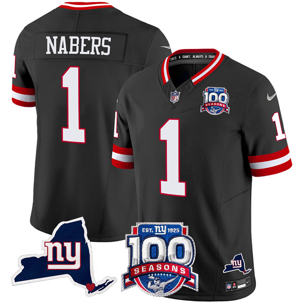 Men's New York Giants #1 Malik Nabers Black 2024 F.U.S.E. 100th Season And State Patch Vapor Limited Stitched Football Jersey Men's New York Giants #1 Malik Nabers Black 2024 F.U.S.E. 100th Season And State Patch Vapor Limited Stitched Football Jersey
